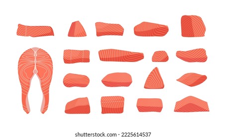 Lachs-Sammlung. Frischer roter Fisch schneidet Cartoon flach, gesunde atlantische Forellensteaks Schwanz Flossen Meeresfrüchte Gourmet-Essen. Vektor-Kollektion von roher Lachs-Illustration