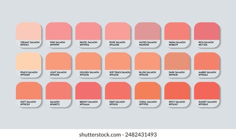 Salmon Color Palette, Salmon Color Guide Palette with Color Names. Catalog Samples of Salmon and pink with RGB HEX codes and Names. Fruit, Cream, Wood and plastic, Fashion Trend Salmon Colour Palette