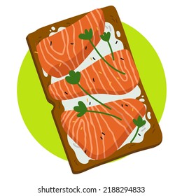Salmon and cream cheese toast with toasted bread. Healthy food. Vector illustration