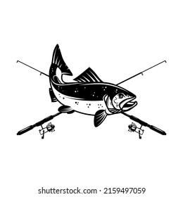 Salmon with crossed fishing rods. Design element for logo, emblem, sign, poster, t shirt. Vector illustration