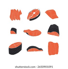 Salmon cuts in different shapes ready for diverse culinary creations drawing on white background