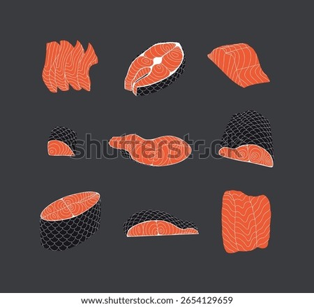 Salmon cuts in different shapes ready for diverse culinary creations drawing on black background