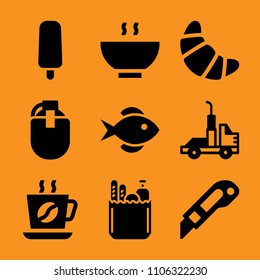 salmon, diet, perspective, decoration, instrument and yellow icon vector set. Flat vector design with filled icons. Designed for web and software interfaces