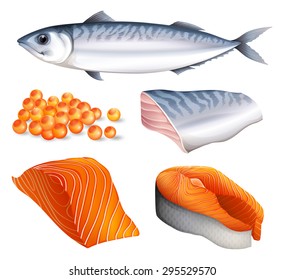 Salmon in different cuts and salmon eggs