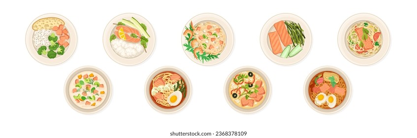 Salmon Dish as Tasty Seafood Meal Served on Plate Vector Set