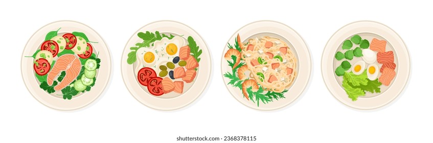 Salmon Dish as Tasty Seafood Meal Served on Plate Vector Set