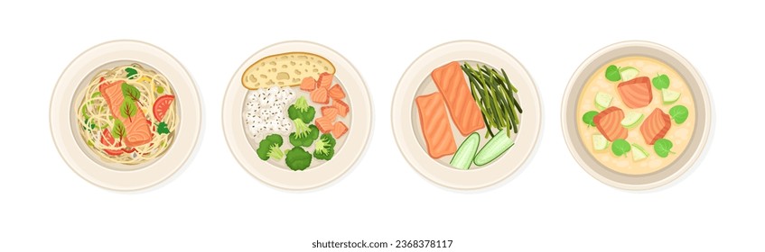 Salmon Dish as Tasty Seafood Meal Served on Plate Vector Set