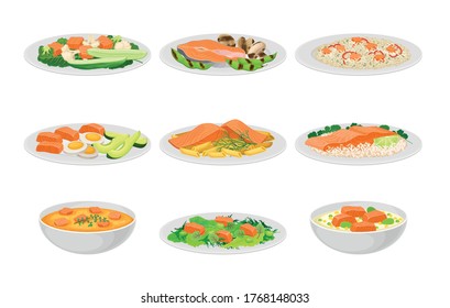 Salmon Dishes Served with Vegetables and Rice Vector Set