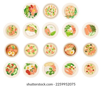 Salmon Dishes as Tasty Seafood Meal Served on Plate Big Vector Set