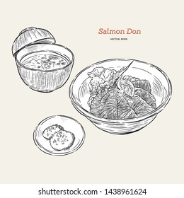 salmon donburi set, hand draw sketch vector. Japanese food