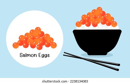 Salmon eggs sign logo with hand written fonts. Rice bowl with chopsticks and salmon eggs on blue background vector illustration. Japanese food. 