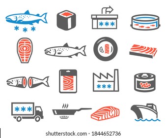 Salmon farming icon set, aquaculture and domestication of fish. Fish-farming industry symbols. Vector line art illustration salmon on white background