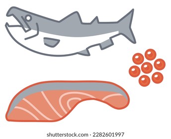 Figura de salmón, filete, huevo de salmón, ilustración simple