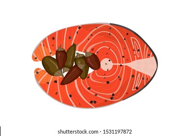 Salmon filet steak with peppers. Vector illustration. Seafood fish. Healthy diet.