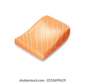 Ilustración 3D de filete de salmón. Filete de salmón fresco. Vector de ilustración de carne de salmón aislado. Salmón de pescado rojo para la Ilustración vectorial del menú de comida de sushi. Trozos de pescado rojo en rodajas