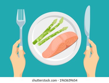 Salmon fillet and asparagus in plate top view. Healthy food. Hands holding knife and fork. Vector illustration in cartoon flat style.