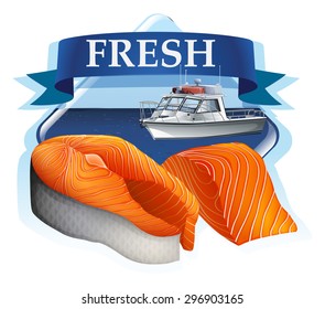 Salmon fillet with banner and ocean in the background