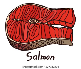 Salmon fillet with bone and scales. Hand drawn isolated illustration with the inscription on a white background