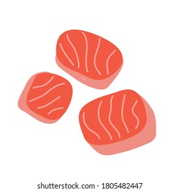 Salmon fillet cut in cube pieces, hand drawn art, uncooked sashimi redfish, illustration isolated, fresh raw fish, vector art on white background