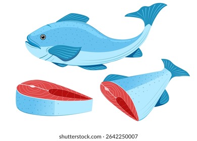 Peixe de filete de salmão e fatiado, deliciosas fatias de sashimi de peixe vermelho isoladas no fundo branco.fresco e saboroso conceito de alimentos do mar clip art design vetor ilustração.