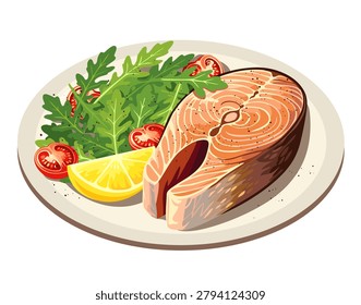 Salmon fillet and fresh vegetable salad with tomatoes and arugula. Healthy eating, Mediterranean diet. Vector illustration in EPS 10 format. Suitable for menus, restaurants, recipes and cookbooks.