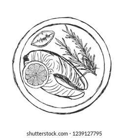Salmon fillet hand drawn vector illustration. Engraved style vintage seafood. 