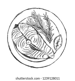 Salmon fillet hand drawn vector illustration. Engraved style vintage seafood. 