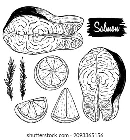 Salmon fillet hand drawn vector illustration. Engraved style vintage seafood. Great for Fish and sea food restaurant menu, flyer, card, business promote.