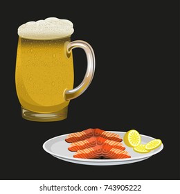 Salmon fillet with lemon and mug of cold beer. Vector illustration