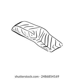 A salmon fillet line drawn in black and white in a sketch doodle style. Drawn by hand and vectorised.