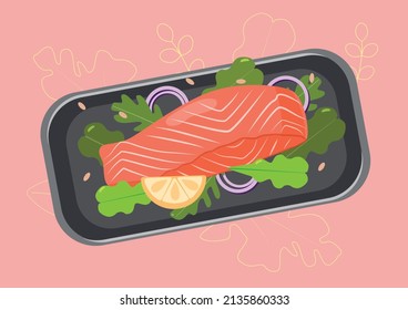 Salmon fillet on a rectangular plate with salad leaves onion and lemon. Vector illustration for menus or nutrition articles.