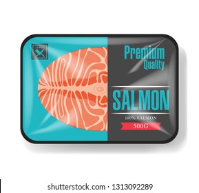Salmon fillet packaging. Plastic tray container with cellophane cover. Mockup template for your design. Plastic food container. Vector illustration.