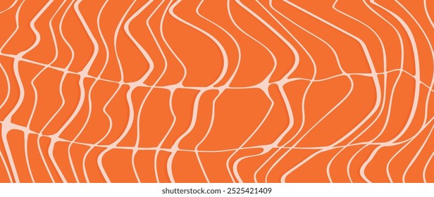 Vetor de fundo de textura de padrão de filete de salmão. Abstrato carne de salmão no fundo laranja com listras salmão linha arte. Ilustração de design para restaurante japonês, site, banner, embalagem.