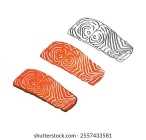 Salmon fillet steak 3 versions. Set of trout outlined, coloured, skinless , skin. Cooked fish steak. Red salmon sashimi fresh , healthy menu item. Restaurant icon idea. cured red fish ,grilled. Vector