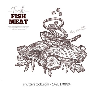 Salmon fillet or steak with herbs and vegetables for grill and bbq. Fish meat and finger food. Restaurant seafood dish. Vector drawing engraved etching sketch illustration