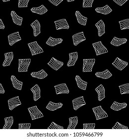 Salmon fillet or steak vector dark seamless pattern or background in outline style