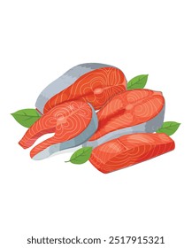 Filete de salmón y filetes. Conjunto de filete de salmón y filetes en estilo de dibujos animados. Diseño de producto de mariscos. Ilustración vectorial.