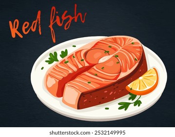 Ilustração de vetor de filete de salmão, em uma placa branca com uma cunha de limão e salsa fresca. Beleza e delicadeza da arte colorida do desenho animado do peixe vermelho popular, para menus, sites da receita