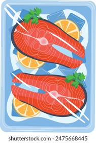 Salmon fillets ice pack, ready cooking. Fresh salmon steaks chilling, garnished lemon slices parsley. Packaged fish seafood product illustration