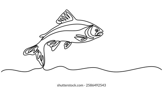 salmon fish continuous one line drawing, Thin Line Fishing Icon On A Transparent Background, Continuous one line drawing of big salmon or trout for logo identity. Large lake fish mascot concept for. 