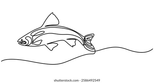 salmon fish continuous one line drawing, Thin Line Fishing Icon On A Transparent Background, Continuous one line drawing of big salmon or trout for logo identity. Large lake fish mascot concept for. 