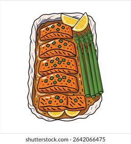 Salmon fish curry with Asparagus and lemon illustration, digital hand drawing illustration, cooked fish illustration, vector illustration