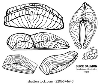 Salmón cortó filete y filetes de filetes, iconos de boceto vectorial. Piezas cortadas de pescado de salmón para la receta de cocina, guía de preparación o elementos de diseño de paquetes de productos