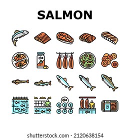 Salmon Fish Delicious Seafood Icons Set Vector. Sashimi And Salmon Fillet Steak, Fresh And Cooked Dish Sea Food, Caviar And Oil Line. Plant Processing And Farming Color Illustrations