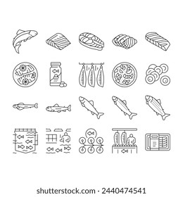 Iconos de mariscos deliciosos de pescado de salmón Set Vector. Filete De Sashimi Y Salmón, Platos Frescos Y Cocidos, Marisco, Caviar Y Aceite. Ilustraciones De Contorno Negro De Procesamiento De Plantas Y Agricultura