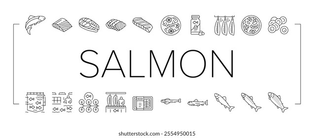 Salmon Fish Delicious Seafood Icons Set Vector. Sashimi And Salmon Fillet Steak, Fresh And Cooked Dish Sea Food, Caviar And Oil Line. Plant Processing And Farming Black Contour Illustrations