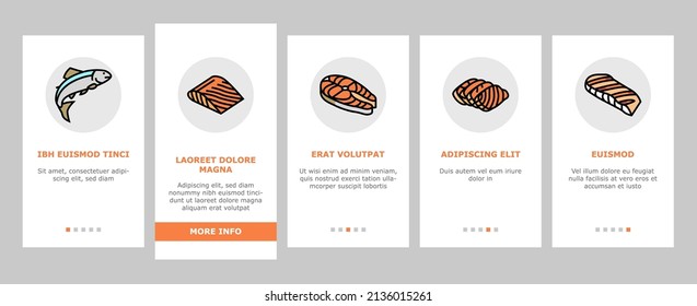 Salmon Fish Delicious Seafood Onboarding Mobile App Page Screen Vector. Sashimi And Salmon Fillet Steak, Fresh And Cooked Dish Sea Food, Caviar And Oil . Plant Processing And Farming Illustrations