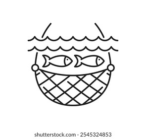 Salmon fish fishing catch thin line icon. Ocean fish fresh product line symbol, seafood culinary ingredient, salmon or tuna meat linear vector icon or pictogram with fishing net