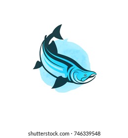 Salmon fish and fishing logo on watercolor circle shape. Vector illustration isolated on white background.