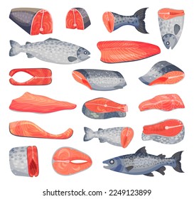 Salmon Fish Food as Raw Seafood and Sea Product Big Vector Set